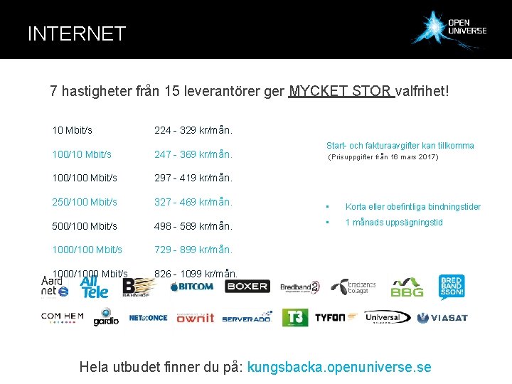 INTERNET 7 hastigheter från 15 leverantörer ger MYCKET STOR valfrihet! 10 Mbit/s 224 -