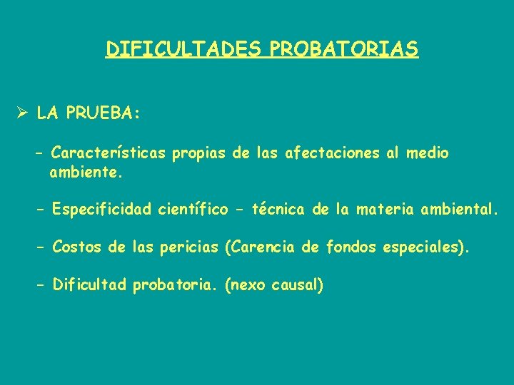 DIFICULTADES PROBATORIAS Ø LA PRUEBA: - Características propias de las afectaciones al medio ambiente.