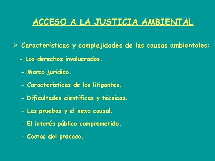 ACCESO A LA JUSTICIA AMBIENTAL Ø Características y complejidades de las causas ambientales: -