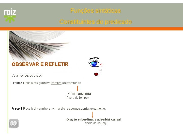 Funções sintáticas Constituintes do predicado OBSERVAR E REFLETIR Vejamos outros casos: Frase 3 Rosa