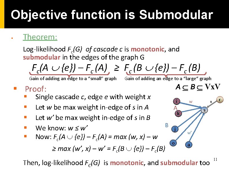 Objective function is Submodular § Theorem: Log-likelihood Fc(G) of cascade c is monotonic, and Objective function is Submodular § Theorem: Log-likelihood Fc(G) of cascade c is monotonic, and