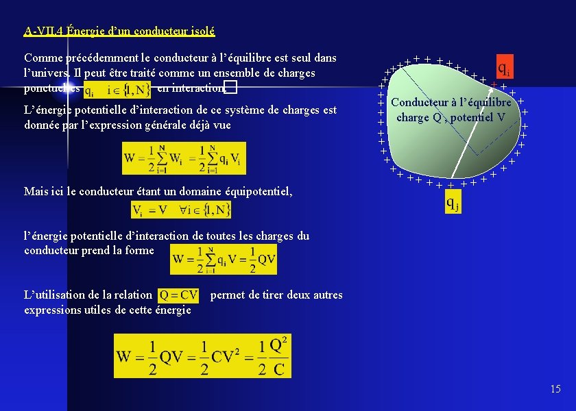 A-VII. 4 Énergie d’un conducteur isolé Comme précédemment le conducteur à l’équilibre est seul