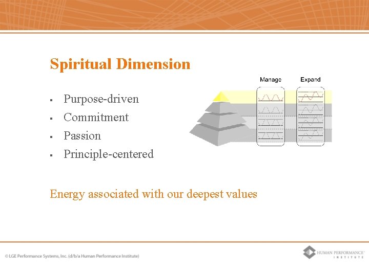 Spiritual Dimension § Purpose-driven § Commitment Passion § Principle-centered § Energy associated with our Spiritual Dimension § Purpose-driven § Commitment Passion § Principle-centered § Energy associated with our