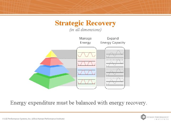 Strategic Recovery (in all dimensions) Energy expenditure must be balanced with energy recovery. Strategic Recovery (in all dimensions) Energy expenditure must be balanced with energy recovery.