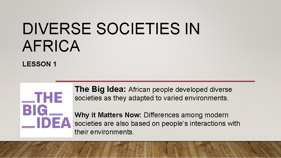 DIVERSE SOCIETIES IN AFRICA LESSON 1 The Big Idea: African people developed diverse societies