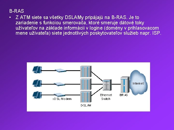 B-RAS • Z ATM siete sa všetky DSLAMy pripájajú na B-RAS. Je to zariadenie