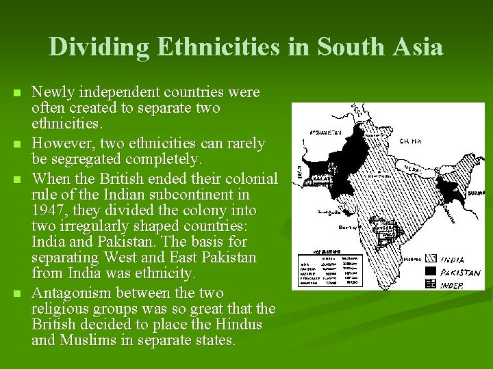 Dividing Ethnicities in South Asia n n Newly independent countries were often created to