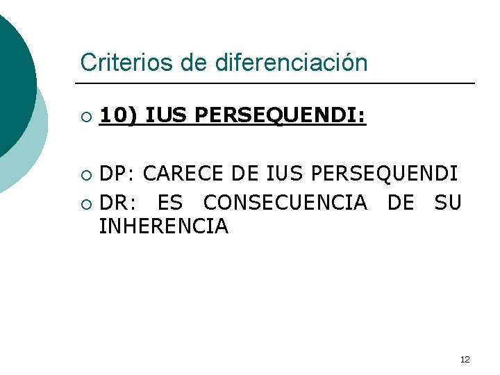 Criterios de diferenciación ¡ 10) IUS PERSEQUENDI: DP: CARECE DE IUS PERSEQUENDI ¡ DR: