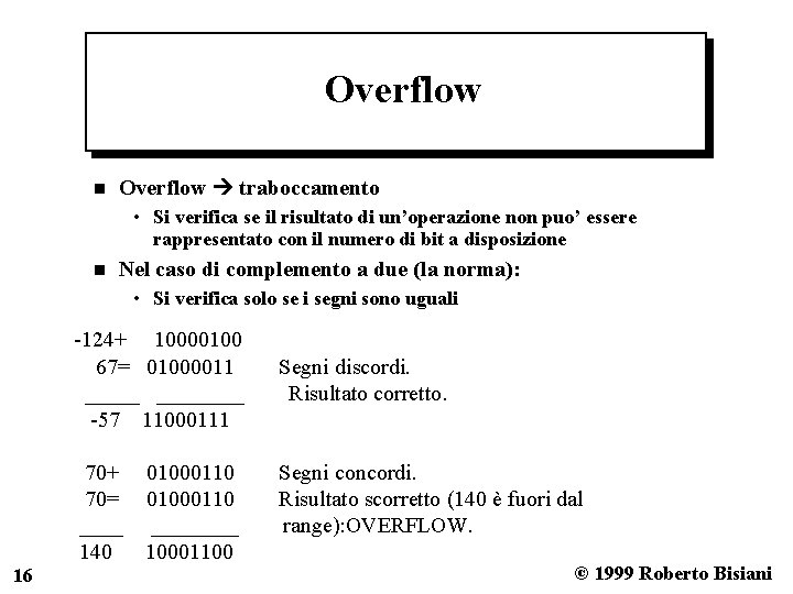 Overflow n Overflow traboccamento • Si verifica se il risultato di un’operazione non puo’