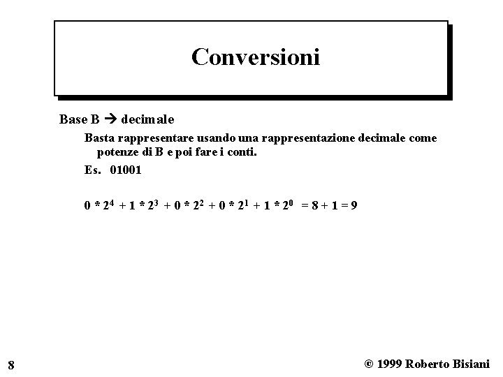 Conversioni Base B decimale Basta rappresentare usando una rappresentazione decimale come potenze di B