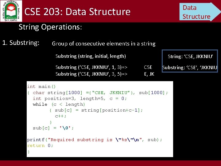Data Structure CSE 203: Data Structure String Operations: 1. Substring: Group of consecutive elements