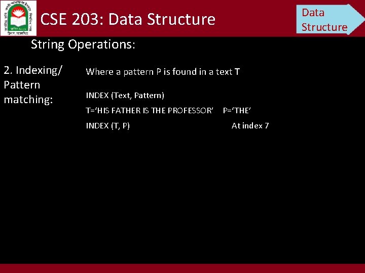 Data Structure CSE 203: Data Structure String Operations: 2. Indexing/ Pattern matching: Where a