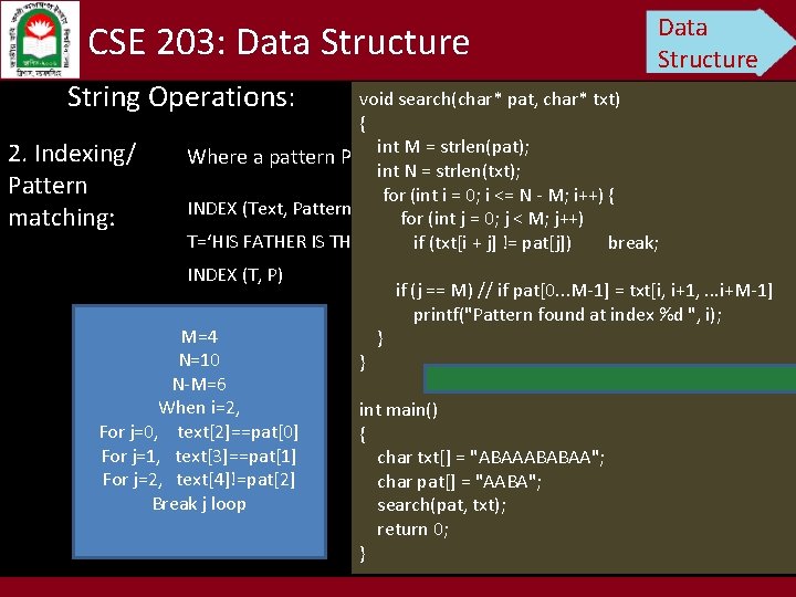 CSE 203: Data Structure String Operations: Data Structure void search(char* pat, char* txt) {