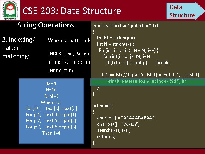 CSE 203: Data Structure String Operations: Data Structure void search(char* pat, char* txt) {