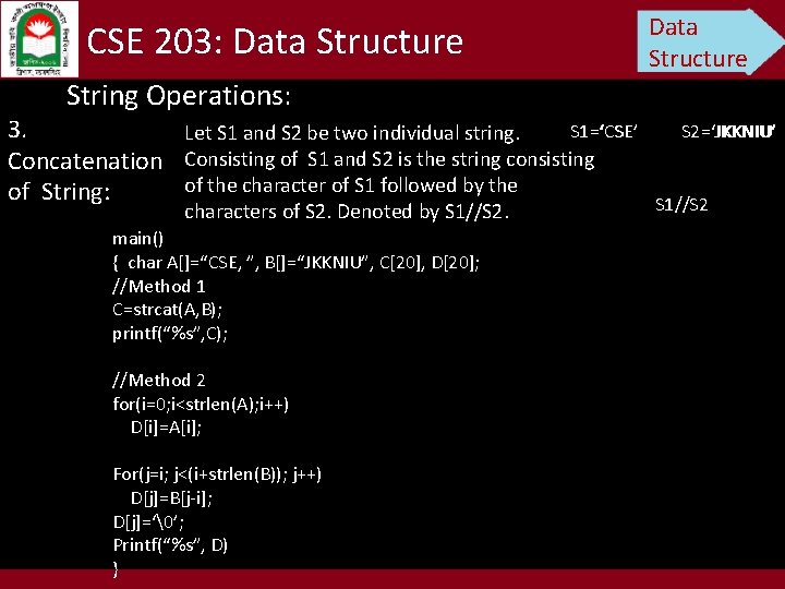 CSE 203: Data Structure String Operations: 3. S 1=‘CSE’ ‘CSE Let S 1 and