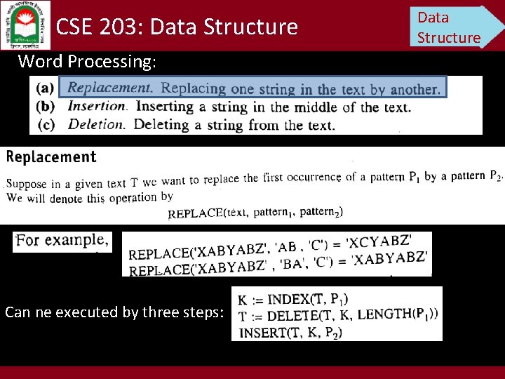 CSE 203: Data Structure Word Processing: Can ne executed by three steps: Data Structure