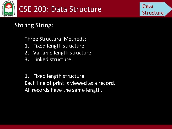 CSE 203: Data Structure Storing String: Three Structural Methods: 1. Fixed length structure 2.