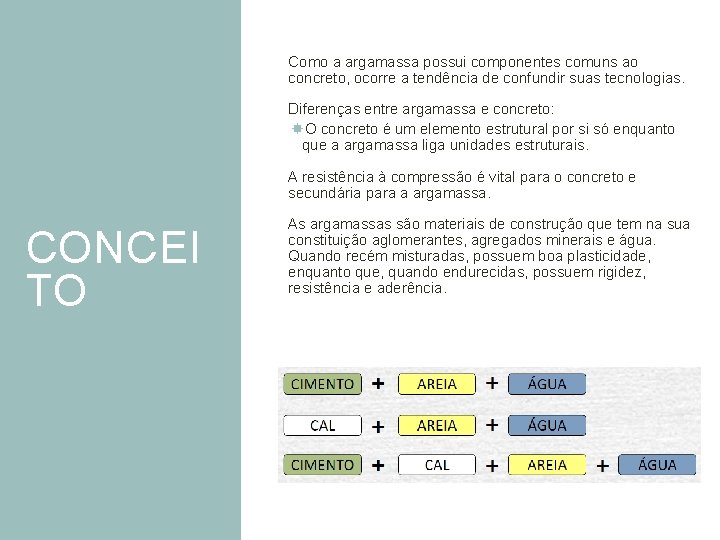 Como a argamassa possui componentes comuns ao concreto, ocorre a tendência de confundir suas