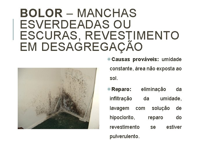 BOLOR – MANCHAS ESVERDEADAS OU ESCURAS, REVESTIMENTO EM DESAGREGAÇÃO Causas prováveis: umidade constante, área