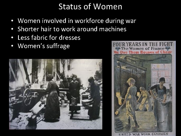 Status of Women • • Women involved in workforce during war Shorter hair to