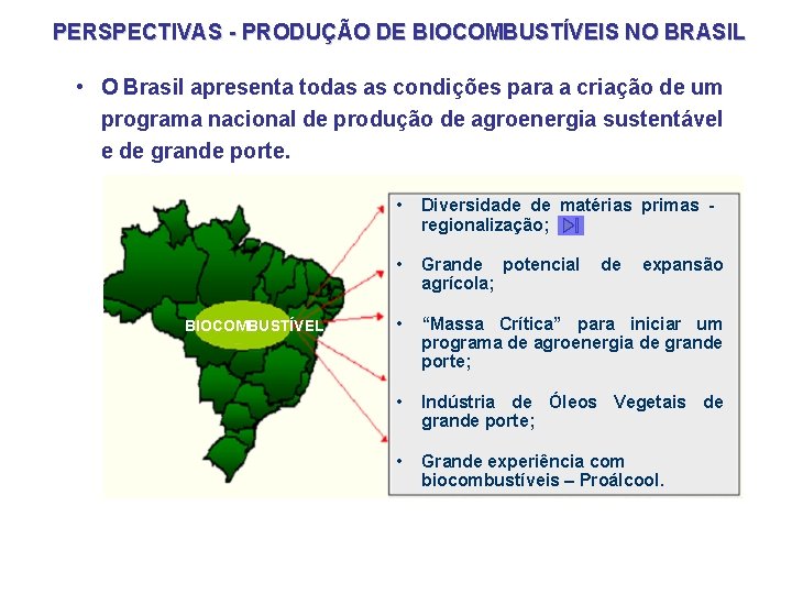 PERSPECTIVAS - PRODUÇÃO DE BIOCOMBUSTÍVEIS NO BRASIL • O Brasil apresenta todas as condições