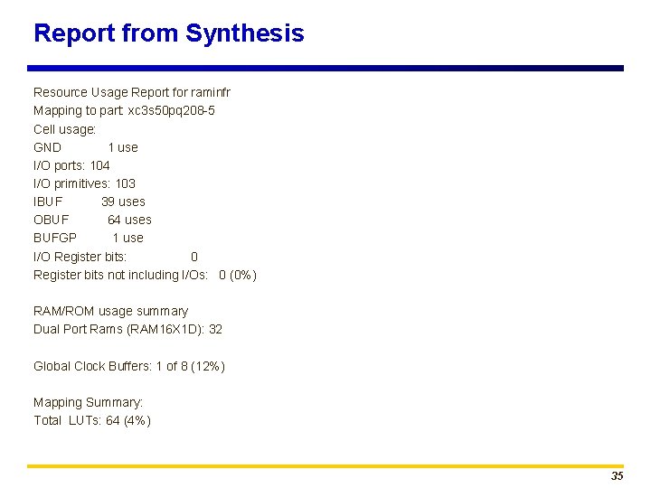 Report from Synthesis Resource Usage Report for raminfr Mapping to part: xc 3 s