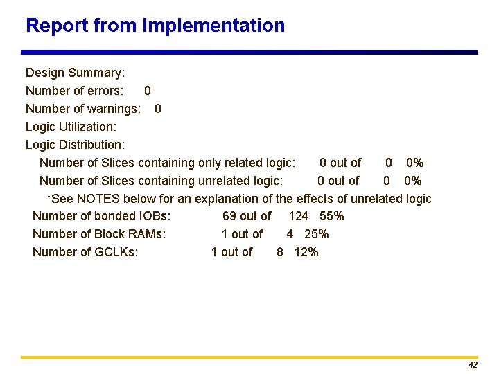 Report from Implementation Design Summary: Number of errors: 0 Number of warnings: 0 Logic