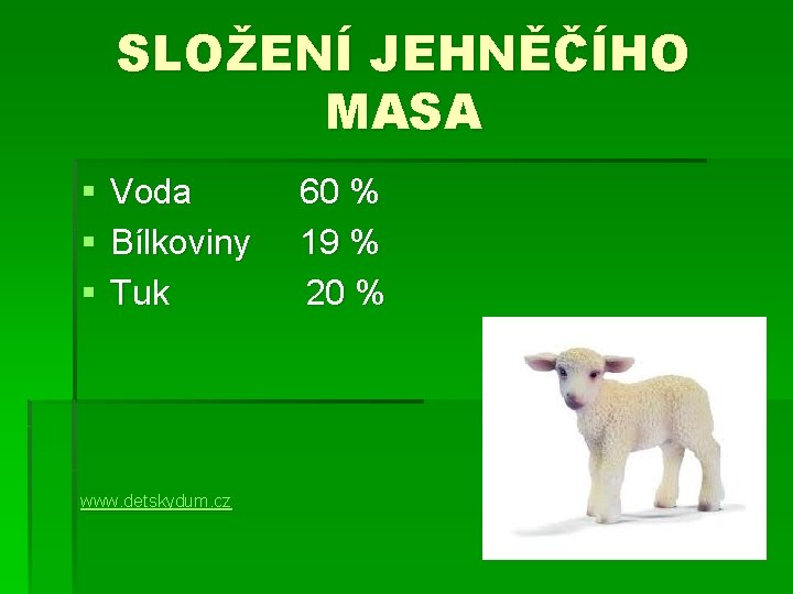 SLOŽENÍ JEHNĚČÍHO MASA § § § Voda 60 % Bílkoviny 19 % Tuk 20