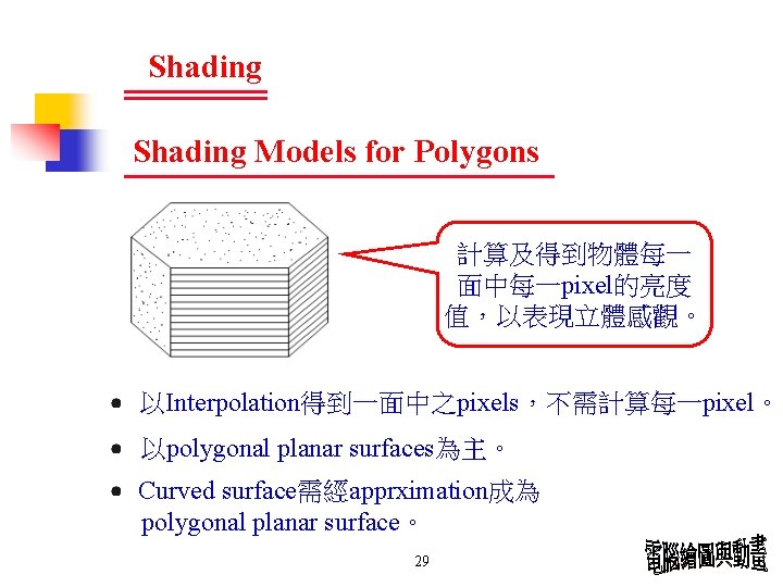 Shading Models for Polygons 計算及得到物體每一 面中每一pixel的亮度 值,以表現立體感觀。 以Interpolation得到一面中之pixels,不需計算每一pixel。 以polygonal planar surfaces為主。 Curved surface需經apprximation成為 polygonal Shading Models for Polygons 計算及得到物體每一 面中每一pixel的亮度 值,以表現立體感觀。 以Interpolation得到一面中之pixels,不需計算每一pixel。 以polygonal planar surfaces為主。 Curved surface需經apprximation成為 polygonal