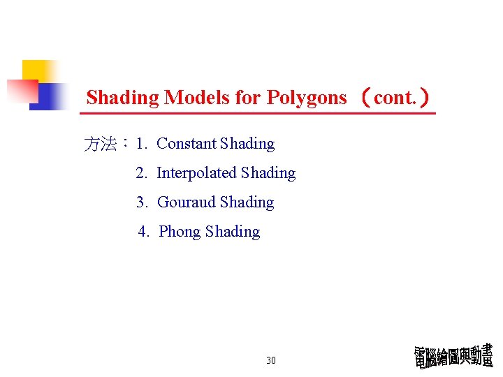 Shading Models for Polygons （cont. ） 方法： 1. Constant Shading 2. Interpolated Shading 3.