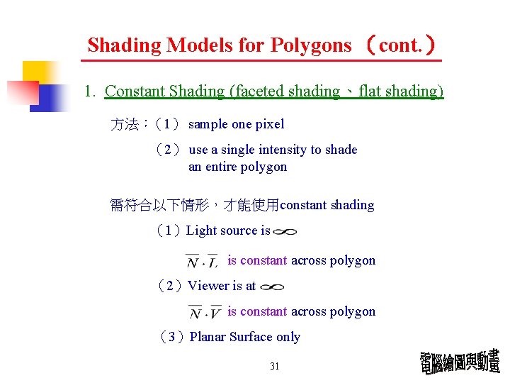 Shading Models for Polygons （cont. ） 1. Constant Shading (faceted shading、flat shading) 方法：（1） sample