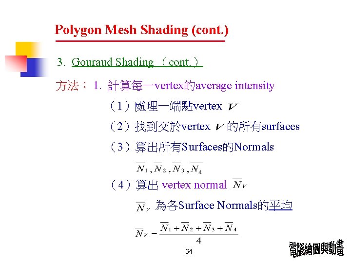 Polygon Mesh Shading (cont. ) 3. Gouraud Shading （cont. ） 方法： 1. 計算每一vertex的average intensity