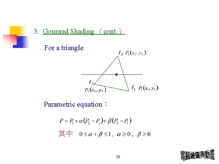3. Gouraud Shading (cont. ) For a triangle Parametric equation: 其中 39 3. Gouraud Shading (cont. ) For a triangle Parametric equation: 其中 39