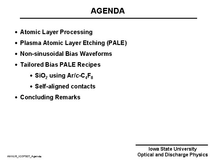 AGENDA · Atomic Layer Processing · Plasma Atomic Layer Etching (PALE) · Non-sinusoidal Bias AGENDA · Atomic Layer Processing · Plasma Atomic Layer Etching (PALE) · Non-sinusoidal Bias
