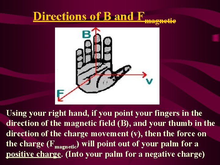 Directions of B and Fmagnetic Using your right hand, if you point your fingers