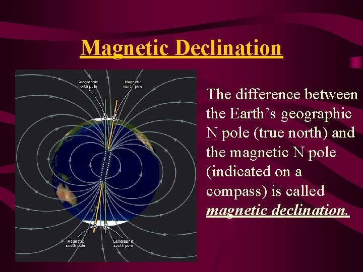 Magnetic Declination The difference between the Earth’s geographic N pole (true north) and the