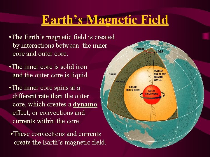 Earth’s Magnetic Field • The Earth’s magnetic field is created by interactions between the Earth’s Magnetic Field • The Earth’s magnetic field is created by interactions between the