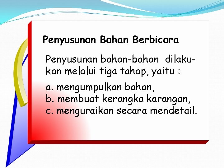 Penyusunan Bahan Berbicara Penyusunan bahan-bahan dilakukan melalui tiga tahap, yaitu : a. mengumpulkan bahan,