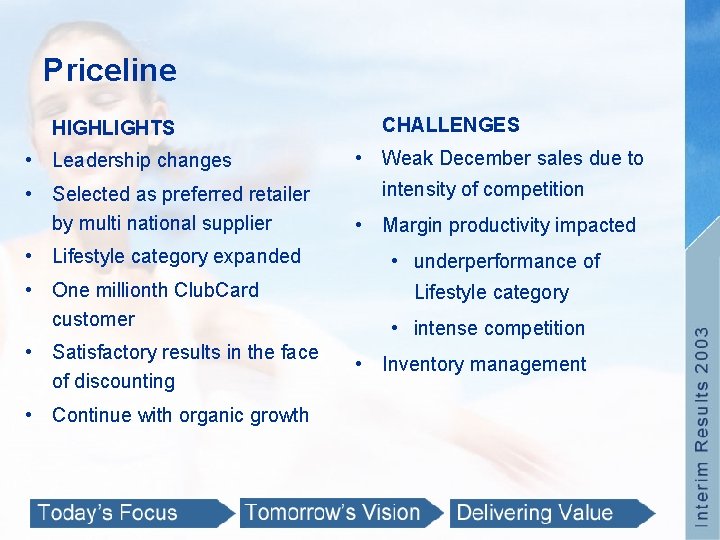 Priceline HIGHLIGHTS • Leadership changes CHALLENGES • Weak December sales due to intensity of