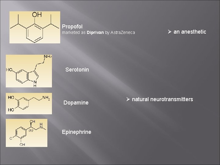 Propofol marketed as Diprivan by Astra. Zeneca an anesthetic Serotonin Dopamine Epinephrine natural neurotransmitters