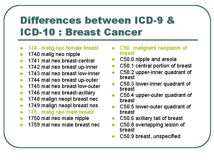 Differences between ICD-9 & ICD-10 : Breast Cancer l l l l 174 malig