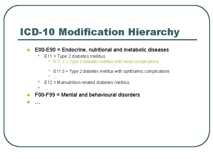 ICD-10 Modification Hierarchy l E 00 -E 90 = Endocrine, nutritional and metabolic diseases