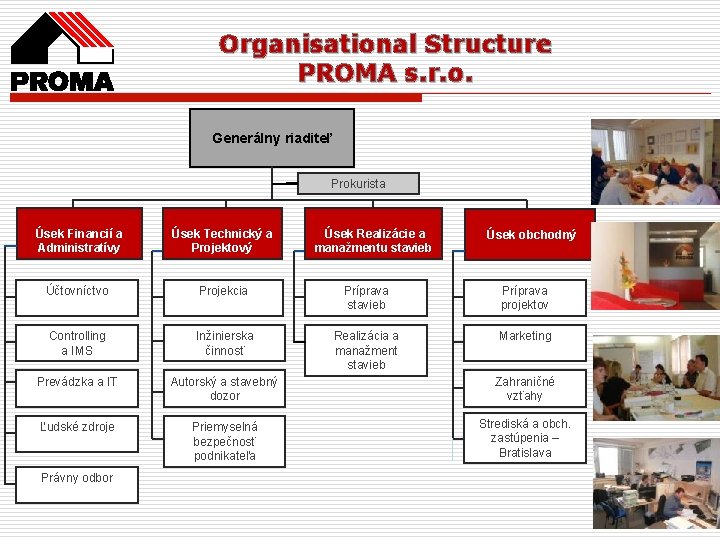 Organisational Structure PROMA s. r. o. Generálny riaditeľ Prokurista Úsek Financií a Administratívy Úsek