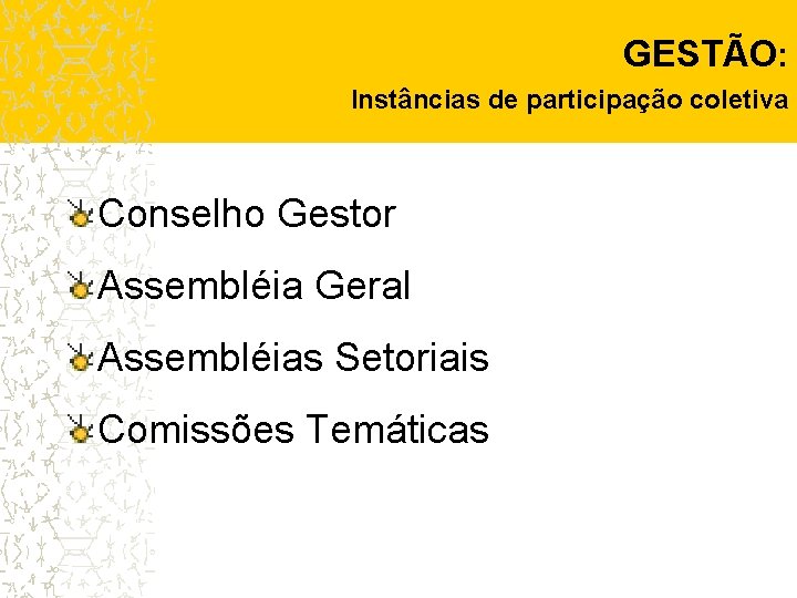 GESTÃO: Instâncias de participação coletiva Conselho Gestor Assembléia Geral Assembléias Setoriais Comissões Temáticas 