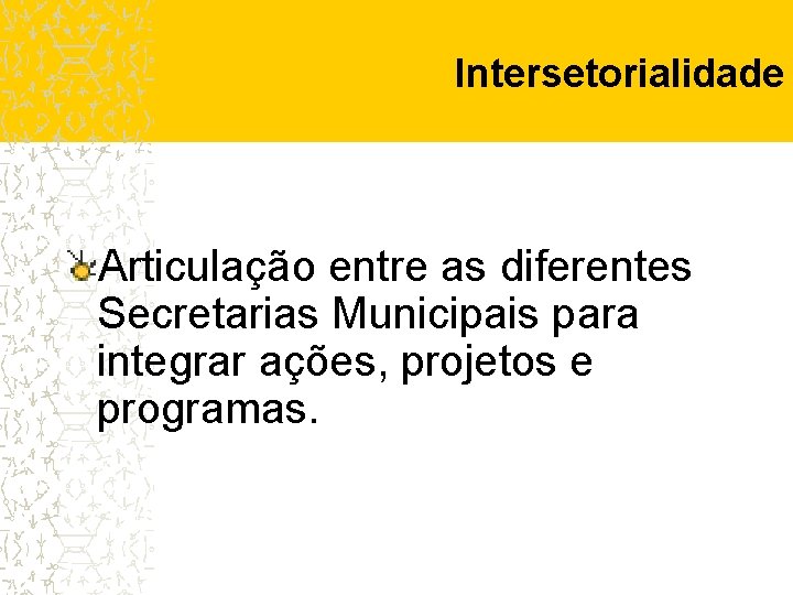 Intersetorialidade Articulação entre as diferentes Secretarias Municipais para integrar ações, projetos e programas. 