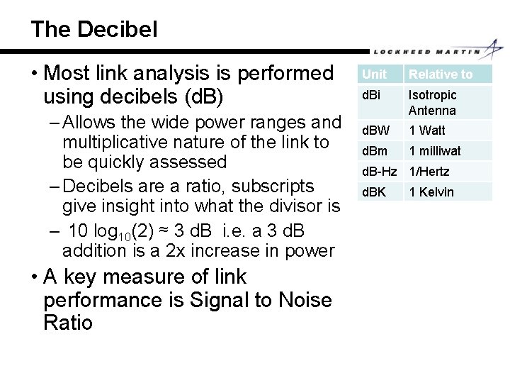 The Decibel • Most link analysis is performed using decibels (d. B) – Allows