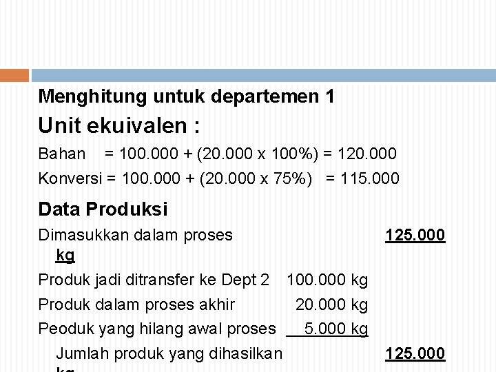 Menghitung untuk departemen 1 Unit ekuivalen : Bahan = 100. 000 + (20. 000