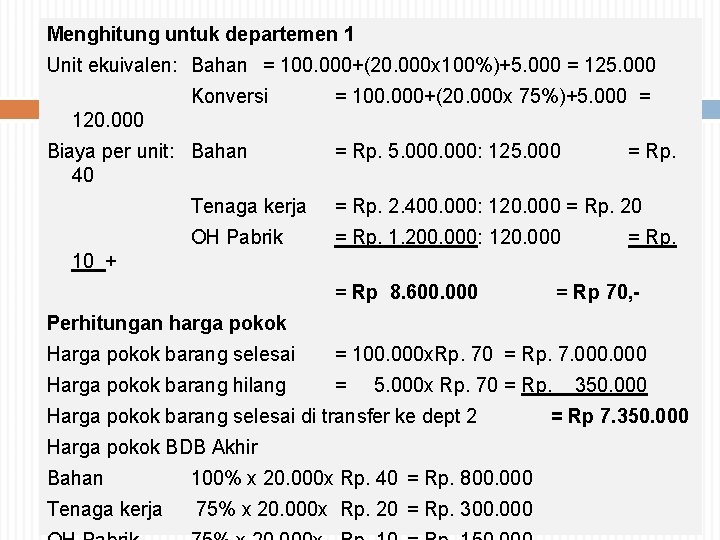 Menghitung untuk departemen 1 Unit ekuivalen: Bahan = 100. 000+(20. 000 x 100%)+5. 000 Menghitung untuk departemen 1 Unit ekuivalen: Bahan = 100. 000+(20. 000 x 100%)+5. 000
