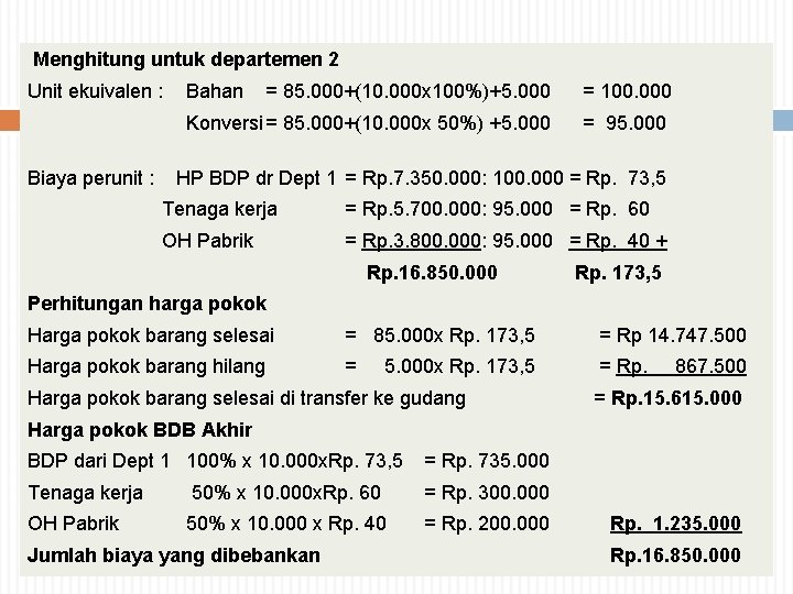  Menghitung untuk departemen 2 Unit ekuivalen : Bahan = 85. 000+(10. 000 x