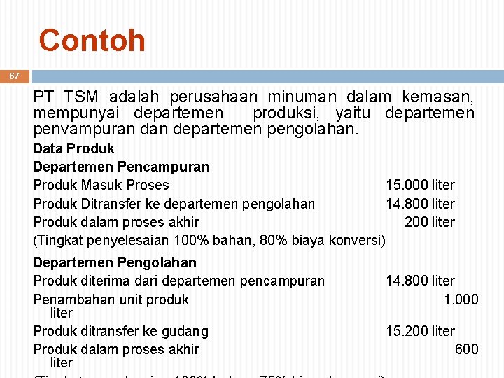 Contoh 67 PT TSM adalah perusahaan minuman dalam kemasan, mempunyai departemen produksi, yaitu departemen